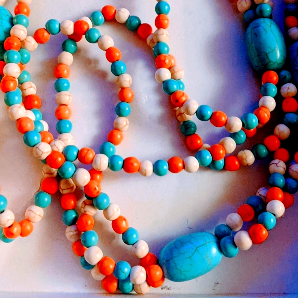 Teal Blue Magnesite and Red Coral Beaded Necklace